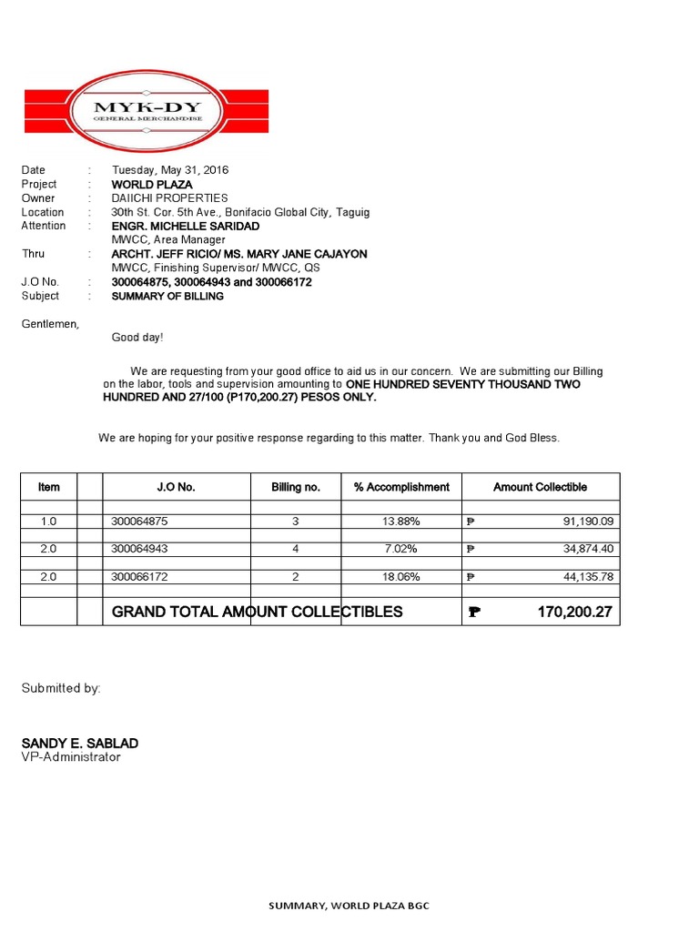 World Plaza BGC Billing Summary | PDF | Wall | Structural Engineering