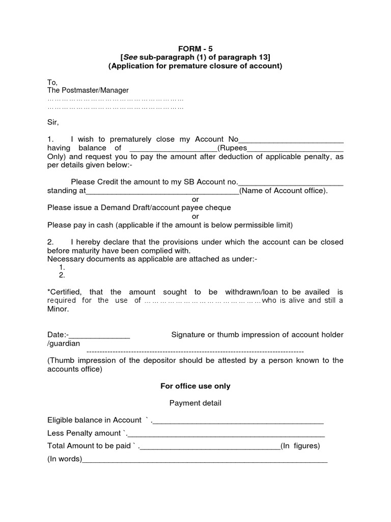 Application for premature closure of account pdf cheque payments