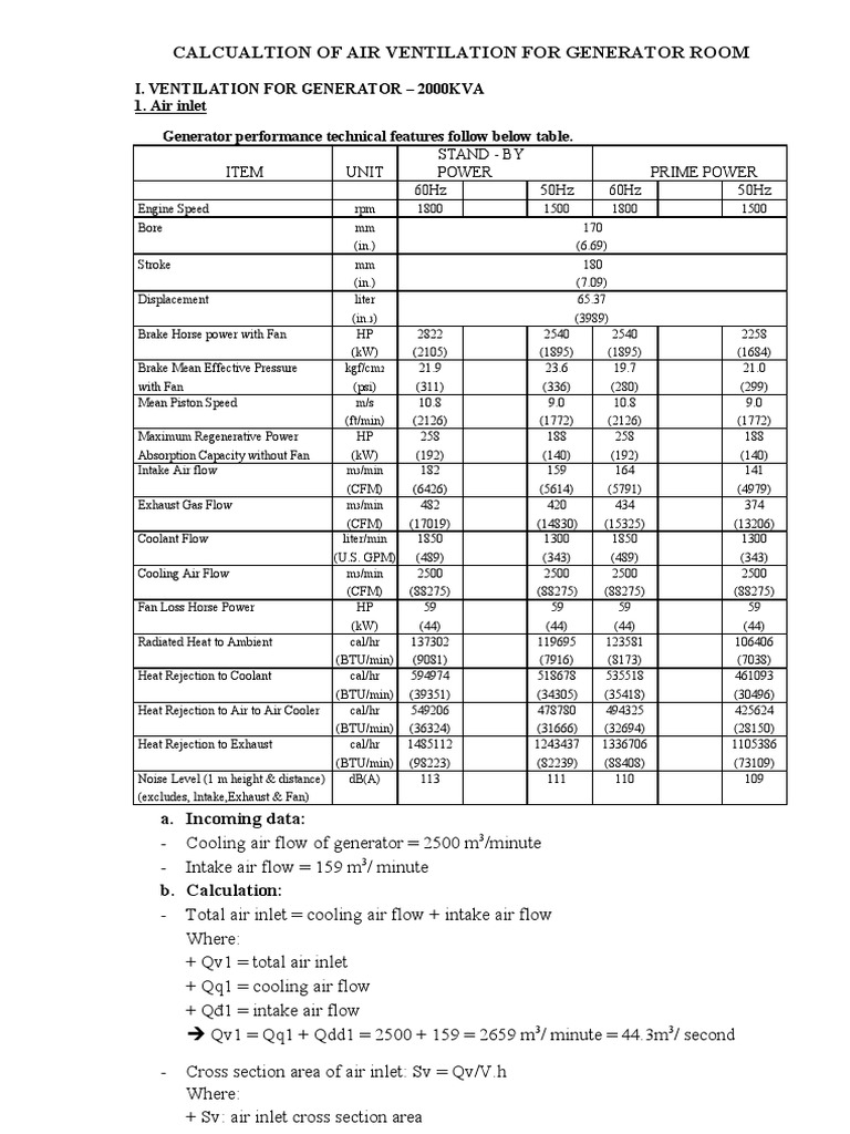 Generator Room Ventilation Calculations | PDF | Horsepower | Rotating ...