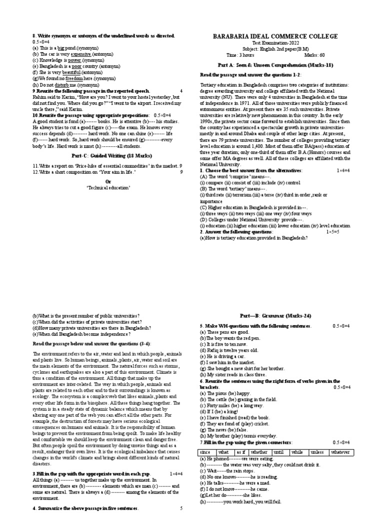 English 2nd Paper(B.M) PDF College Natural Environment