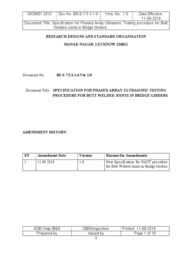 Specification For Phased Array Ultrasonic Testing Procedure For Butt ...