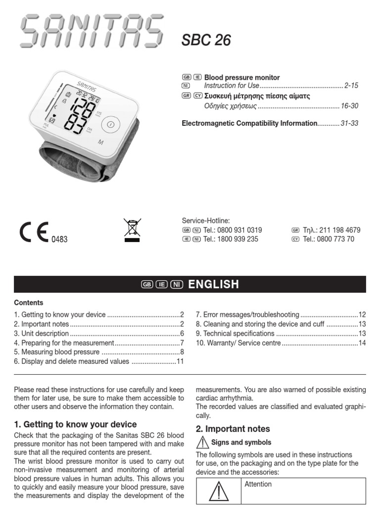 Sanitas SBC 26 Blood Pressure Monitor PDF Blood Pressure Heart