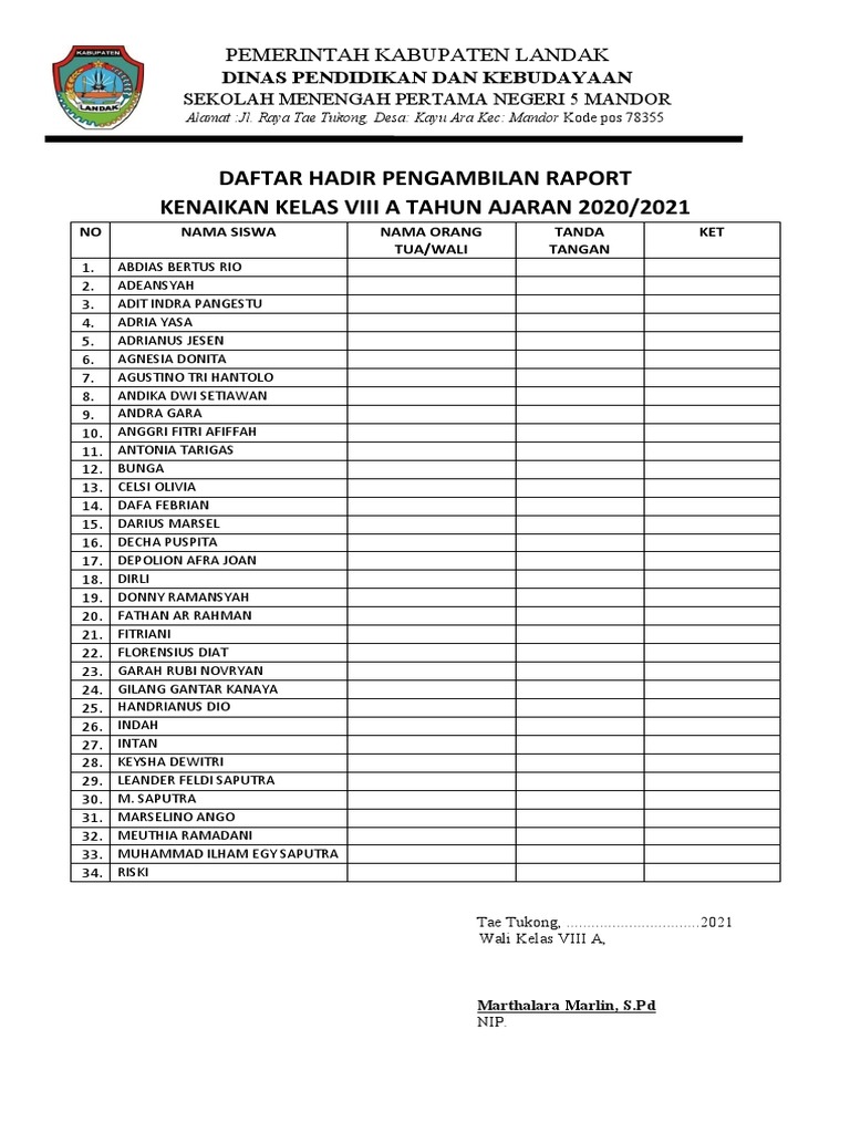 Daftar Hadir Pengambilan Raport 2021 | PDF