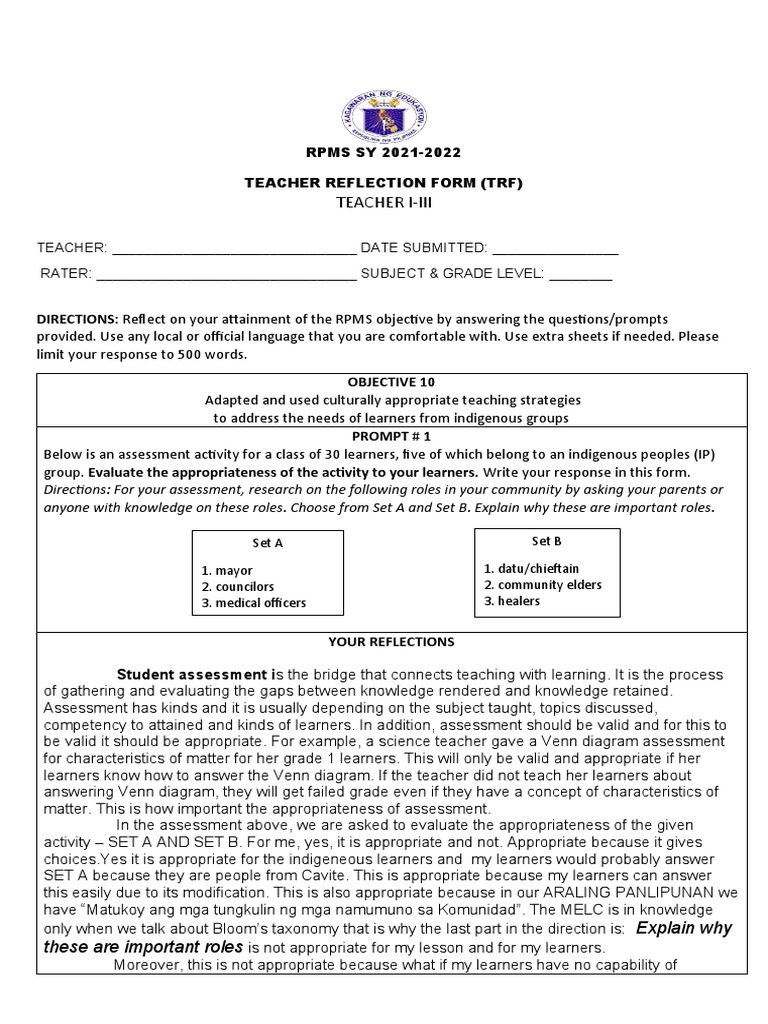 Teacher I-Iii: DIRECTIONS: Reflect On Your Attainment of The RPMS ...