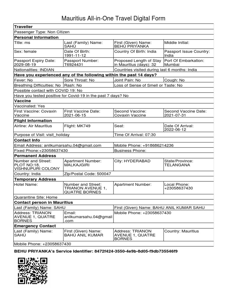 Mauritius all in one travel digital form pdf medicine pandemic