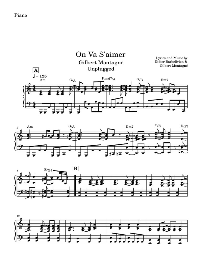 On Va S'aimer Gilbert Montagné Unplugged PDF