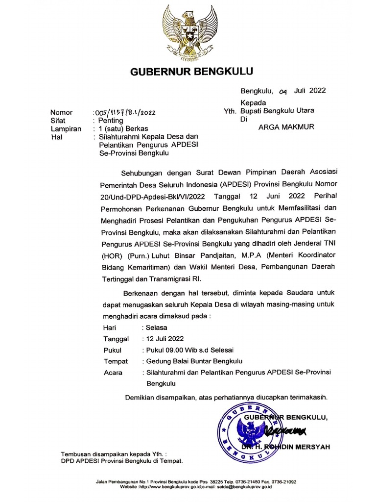 Surat Undangan APDESI Ke Bupati BKL Utara | PDF