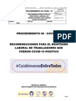 PROC. 06 REINCORPORACION DE TRABAJADORES RECUPERADOS COVID-19, Rev. 1 Septiembre 2020