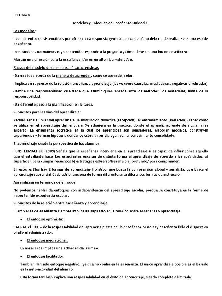 Modelos de Enseñanza según Feldman | PDF | Método de enseñanza ...