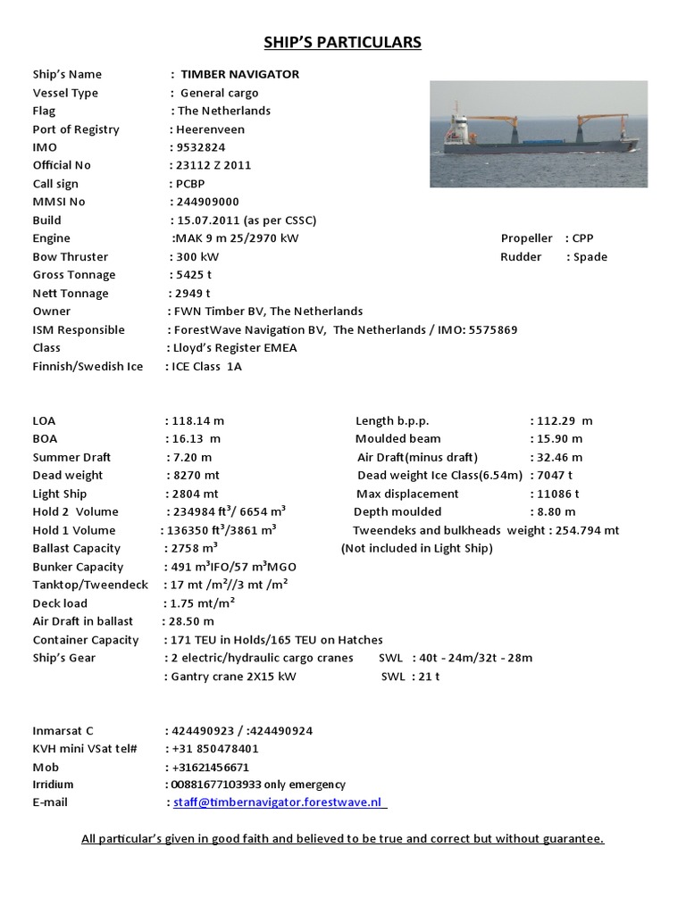 Timber Navigator Vessel Specifications | PDF | Ships | Tonnage
