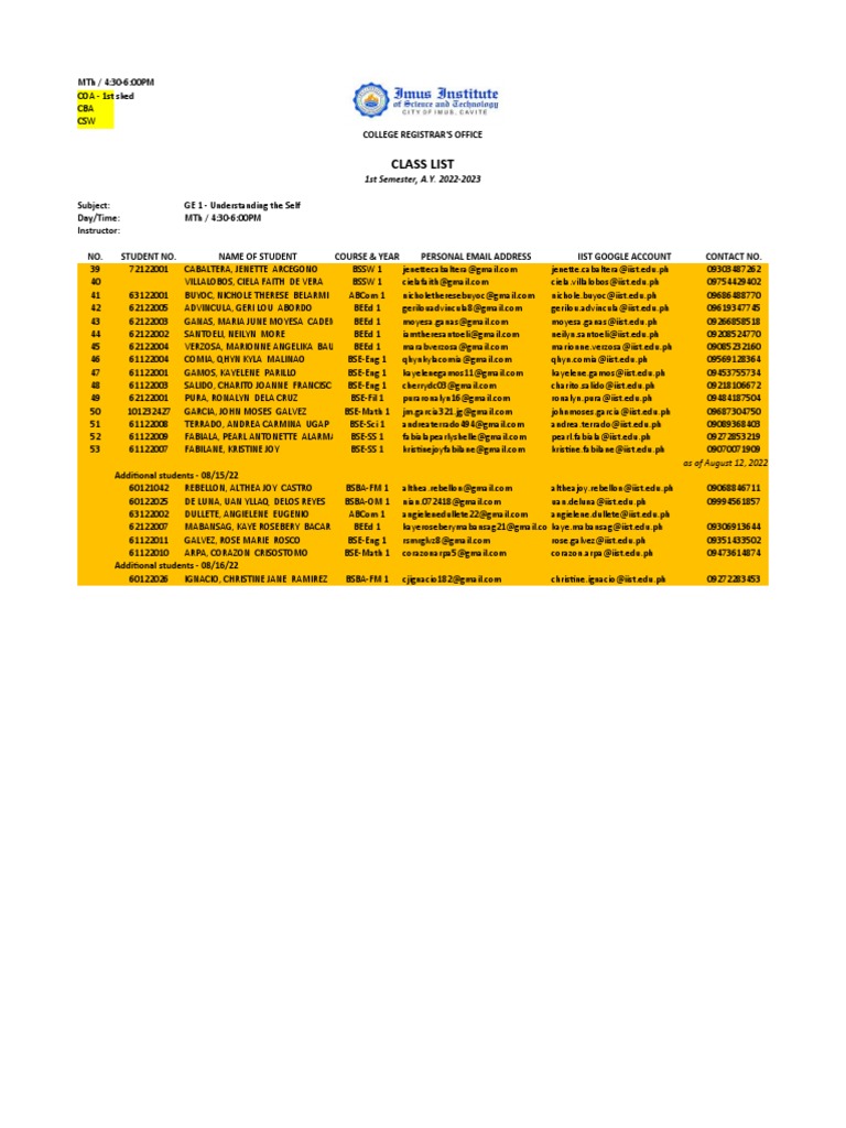 Class List: College Registrar'S Office | PDF