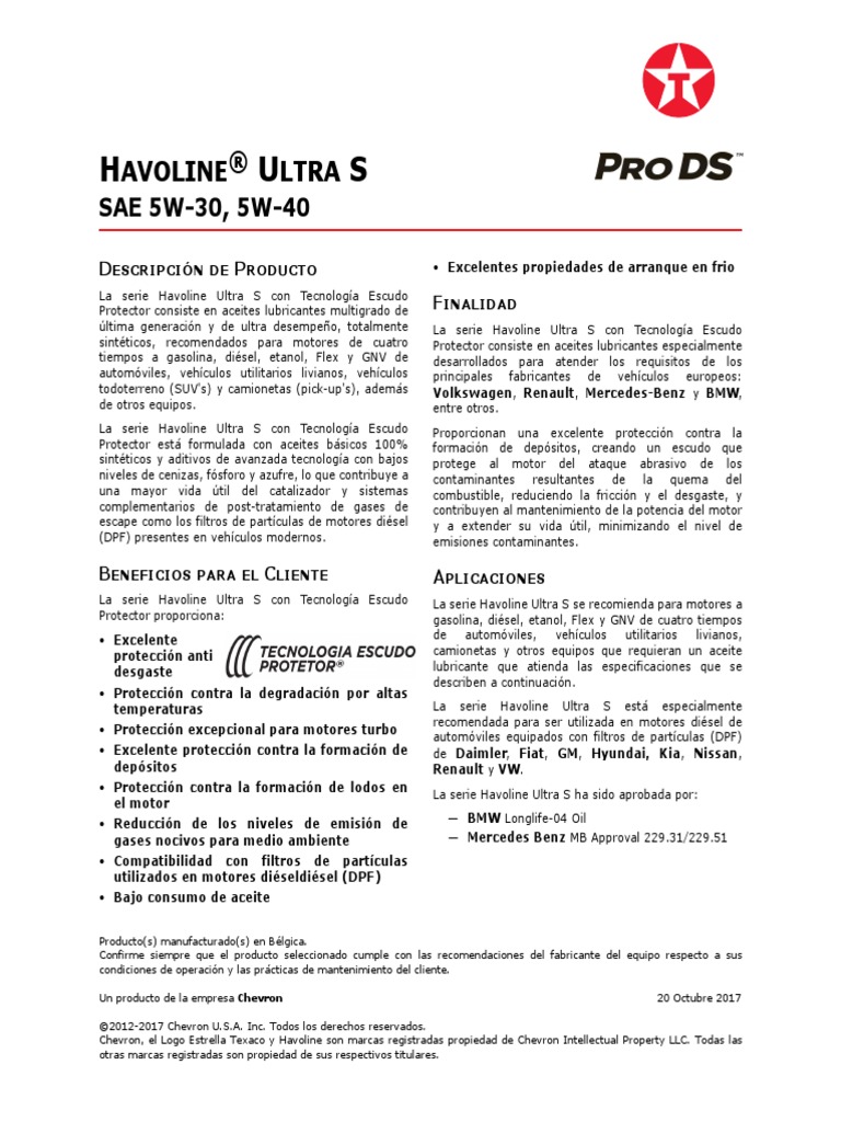 Havoline Ultra S 5W40 | PDF | Lubricante | Combustible diesel