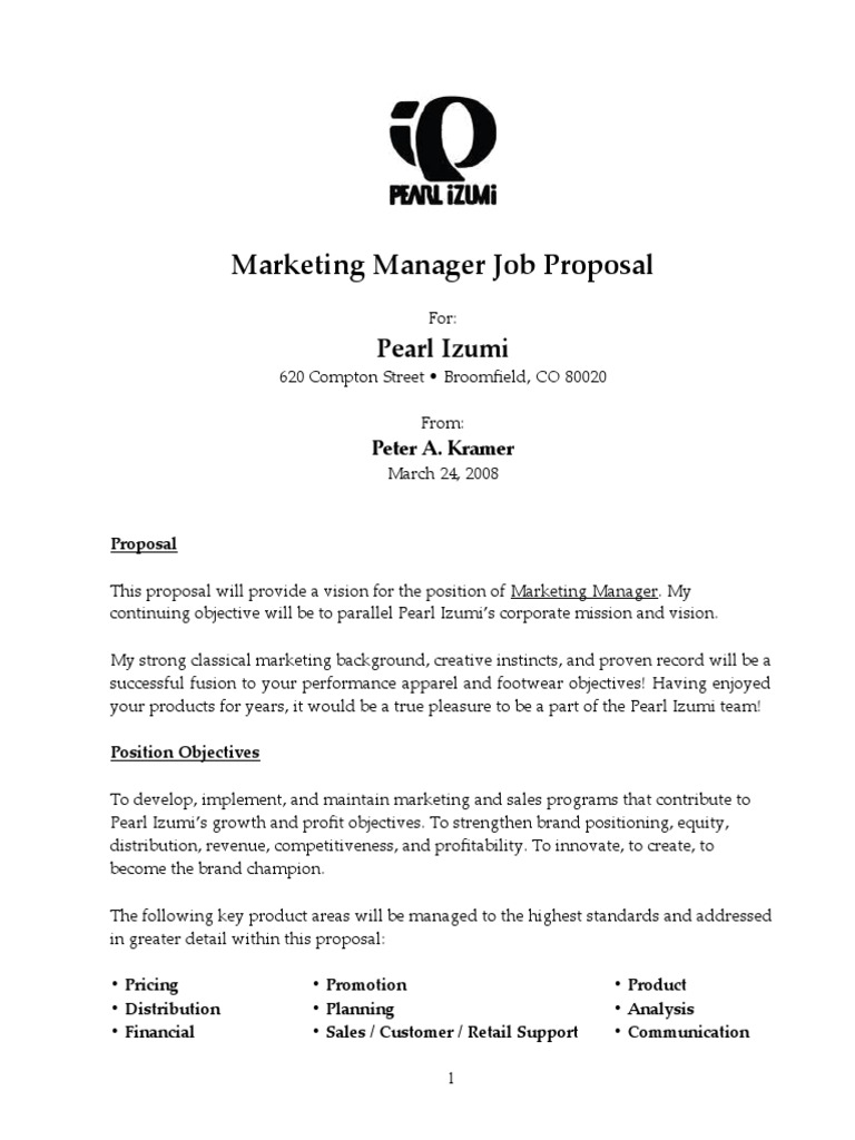 Thumbnail for Marketing Manager Job Proposal For Pearl Izumi Pdf Marketing