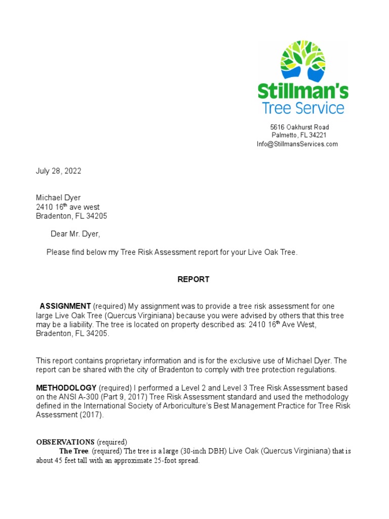 Tree Risk Assessment Report for Oak Tree | PDF | Risk | Trees