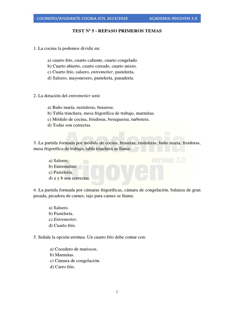 Test Ayudante de Cocina JCYL 2019/2020 | PDF | Alimentos | Carne