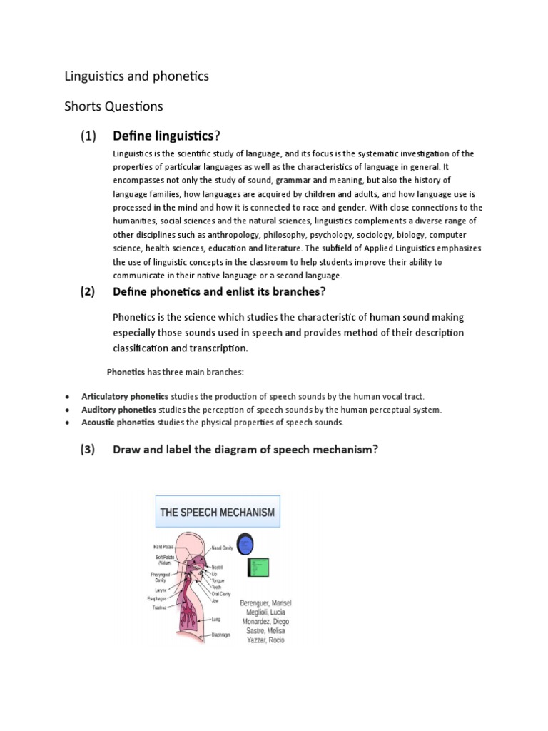 Linguistics and Shorts Questions (1) Define Linguistics