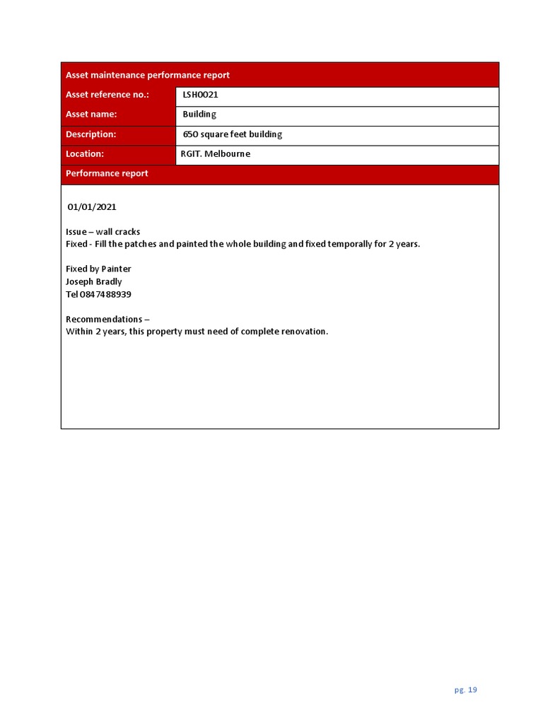 Asset Maintenance Performance Report Asset Reference No.: Asset Name ...