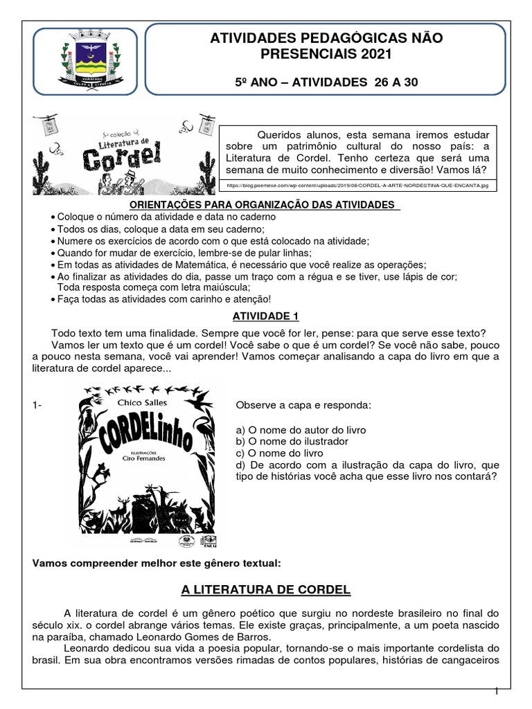 SD Literatura de Cordel - 5º Ano - Atividades 26 A 30 | PDF ...