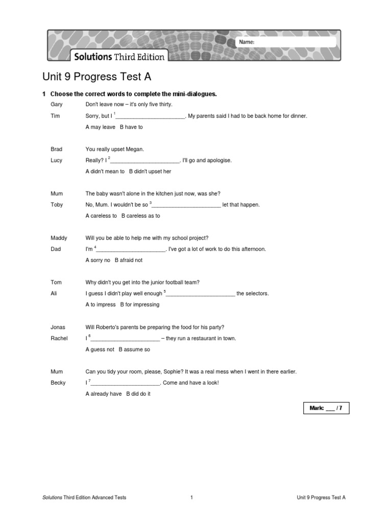 Choose The Correct Future Forms To Complete The Mini Dialogues Unit 9 Progress Test A: 1 Choose The Correct Words To Complete The Mini