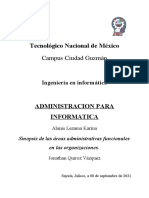 Sinopsis de Las Áreas Administrativas Funcionales en Las Organizaciones