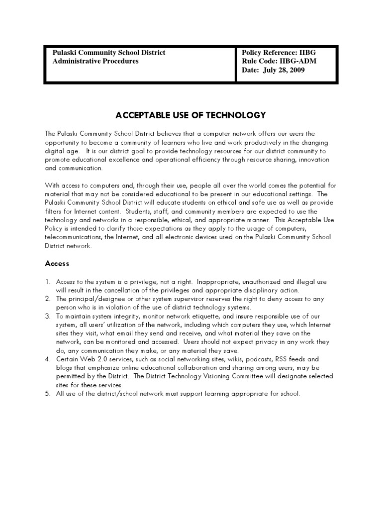 Acceptable Use of Technology | PDF | Cyberbullying | Computer Network