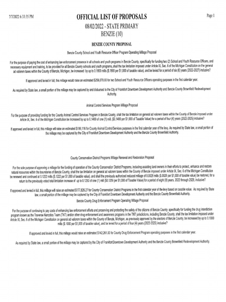 Benzie County Millage Proposal List For Nov. 2 PDF