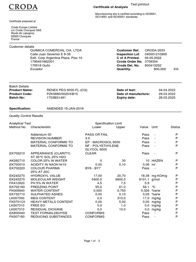 Polietilenglicol 6000 (PEG6000). CoA L1703BS1491 (Química Comercial