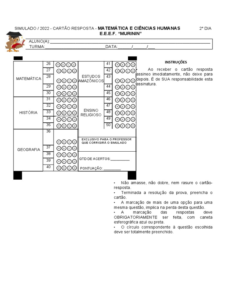 CARTÃO RESPOSTA - 2° DIA Word | PDF