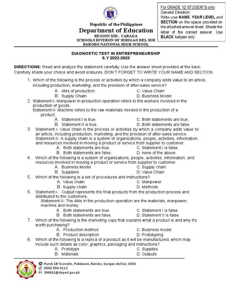 Grade 12 Entrepreneurship Diagnostic Test | PDF | Expense | Cost Of ...