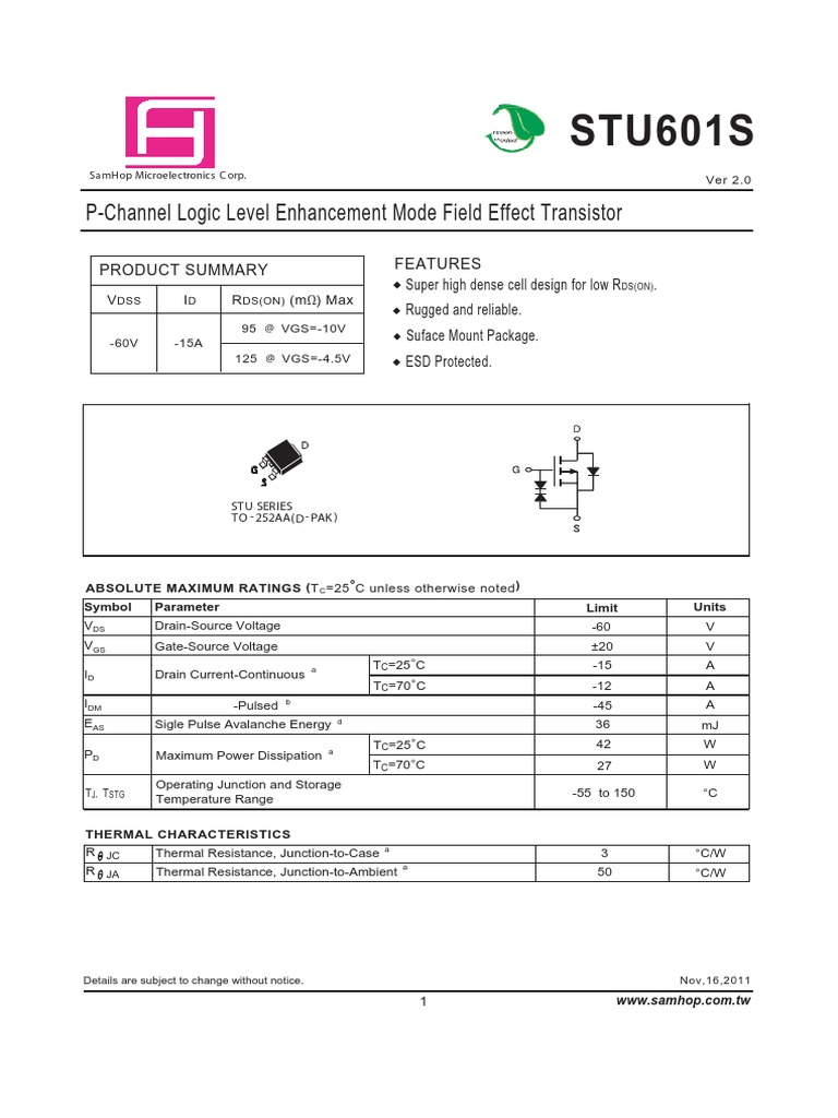 STU601S PChannel Logic Level Enhancement Mode Field Effect Transistor