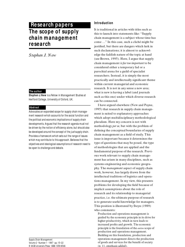 The Scope of Supply Chain Management Research PDF Supply Chain