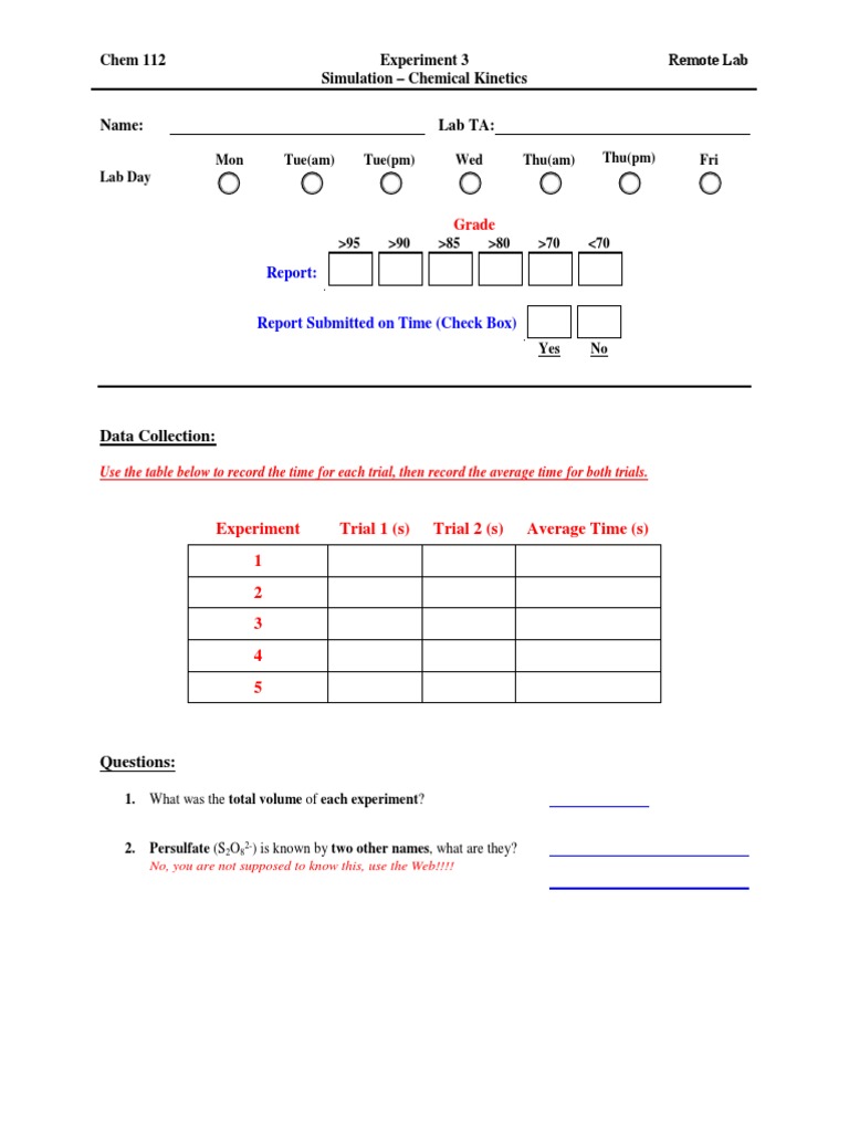 Data Collection:: Chem 112 Experiment 3 Simulation - Chemical Kinetics ...