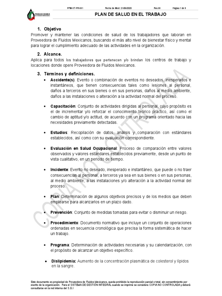 Plan de Salud en el Trabajo PFM | PDF | Seguridad y salud ocupacional ...