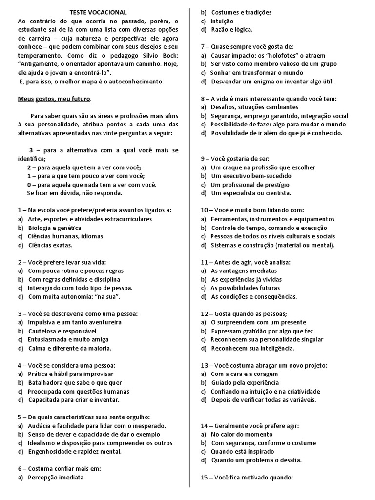 Teste Vocacional para Imprimir Word | PDF | Science | Psicologia
