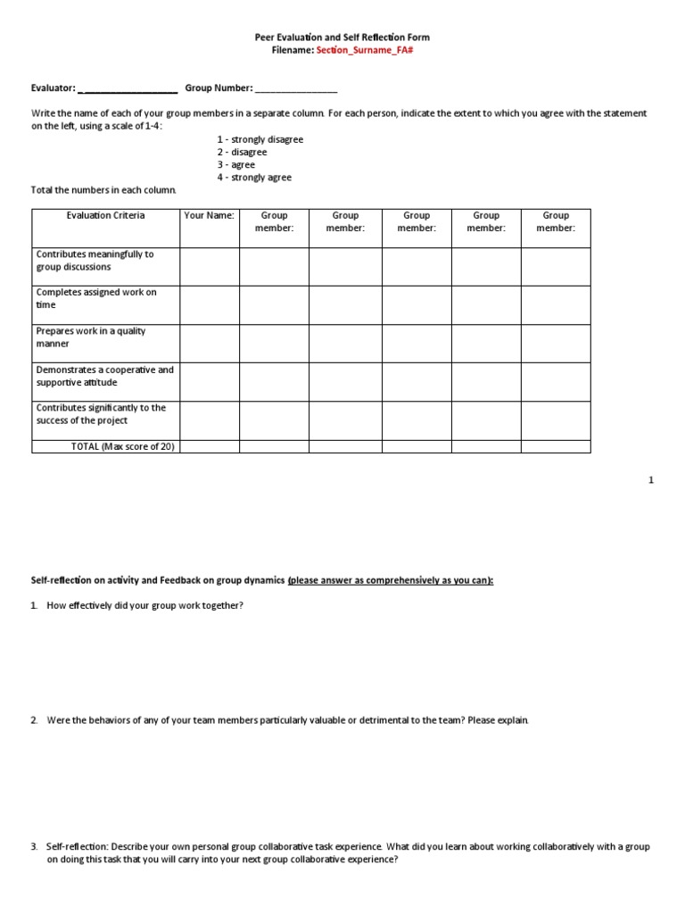 Peer Evaluation and Self Reflection Form | PDF