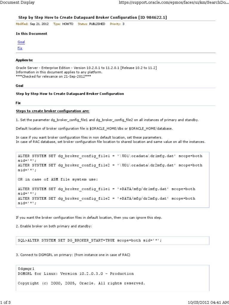 Step by Step How To Create Dataguard Broker Configuration (ID 984622.1 ...