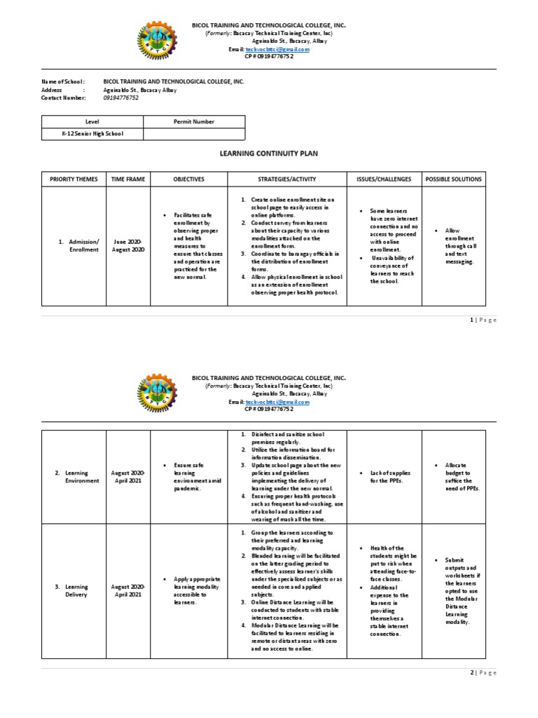 Learning Continuity Plan Ched Sample