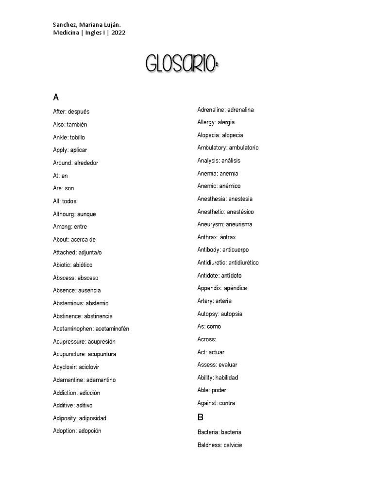 Glosario de términos médicos en inglés y español | PDF | Enfermedades y ...