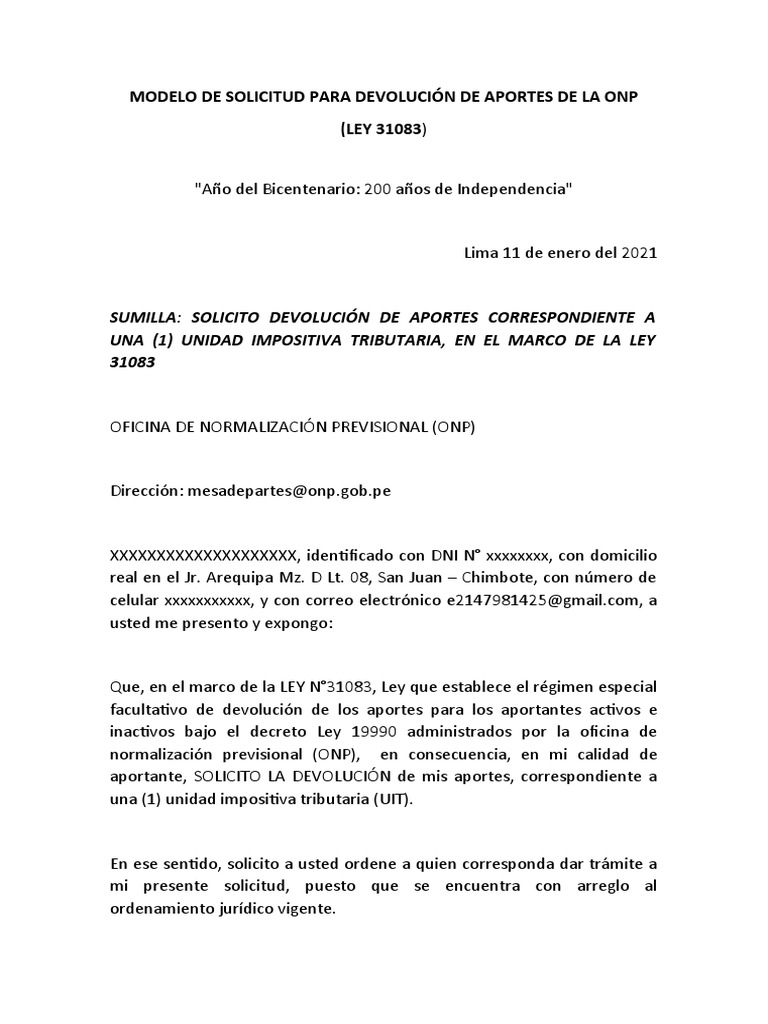 Solicitud para Devolución de Aportes de La Onp | PDF
