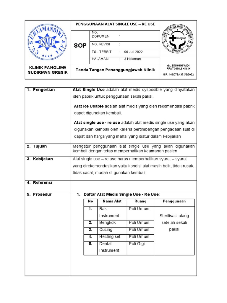 Sop Penggunaan Alat Single Use - Re Use | PDF