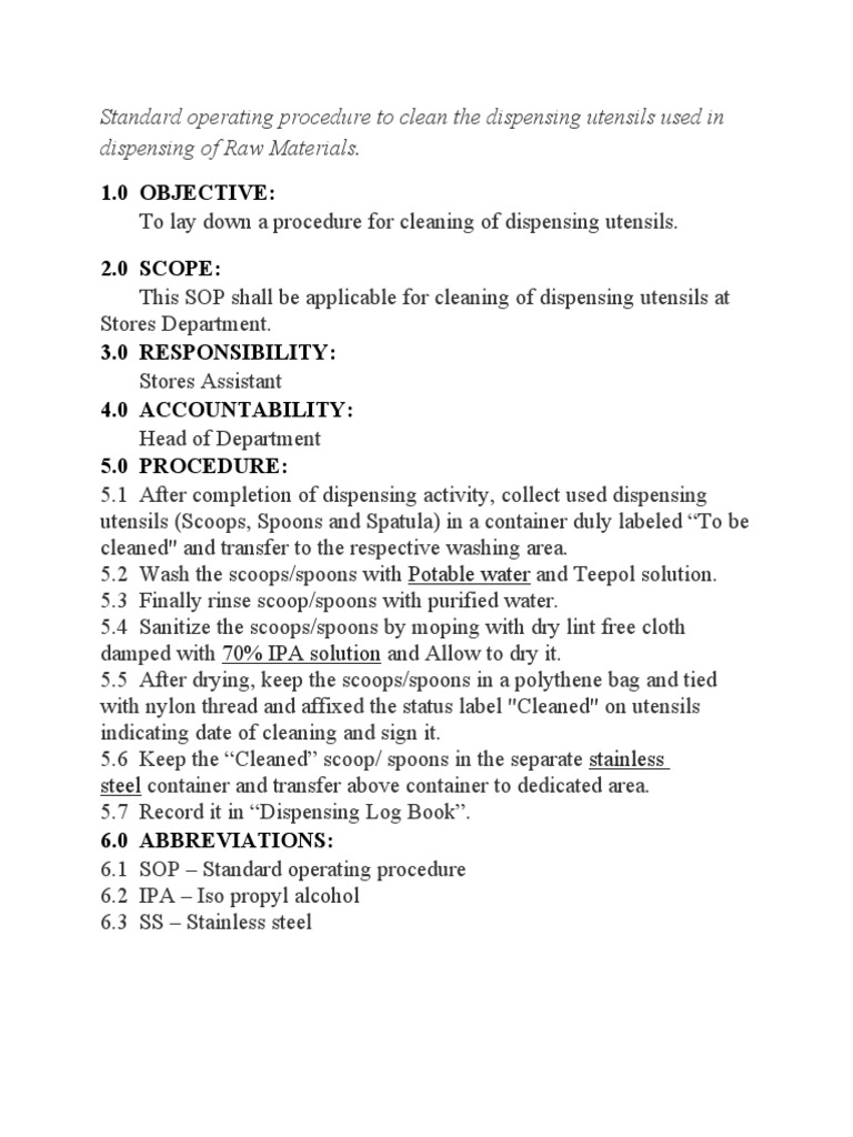 SOP fOR clean the Raw Materials Utensil PDF