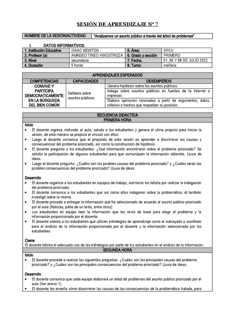 Sesiones 1ro DPCC - Julio 2022 | PDF | Maestros | Salón de clases