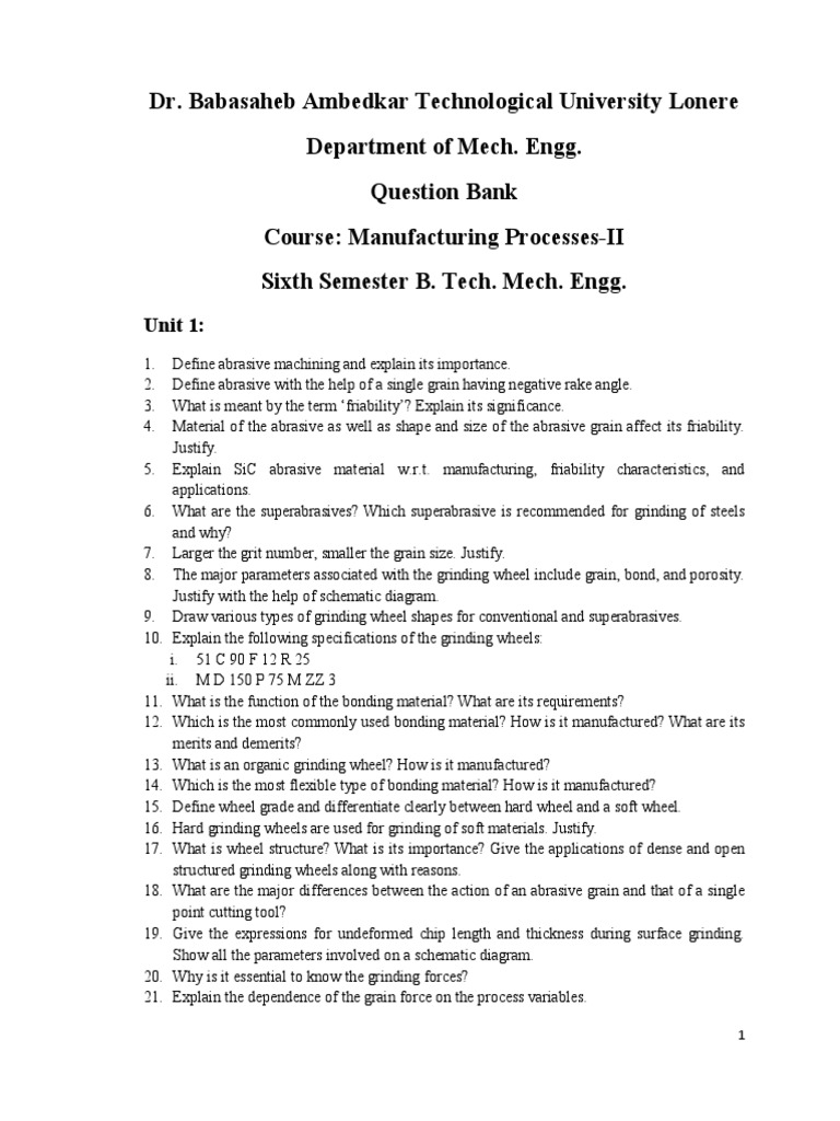 Question Bank BTMEC601 Manufacturing Processes II | PDF | Grinding ...