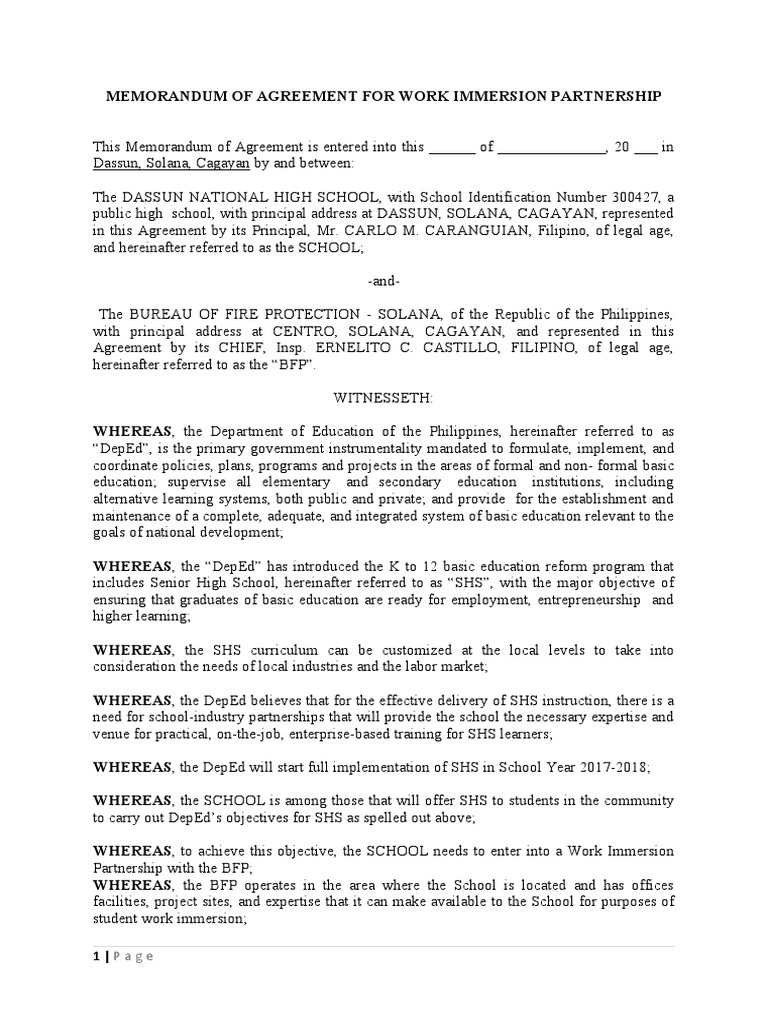 Memorandum of Agreement For Work Immersion Partnership (BFP) | PDF ...