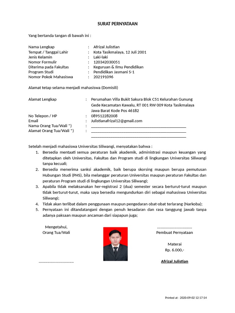 Surat Pernyataan Mahasiswa | PDF
