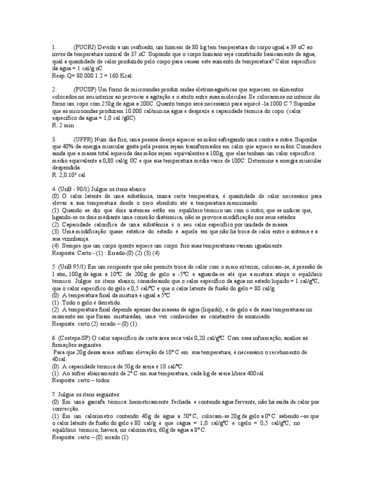 Lista de Exercicios - Calorimetria | PDF | Calor | Capacidade térmica