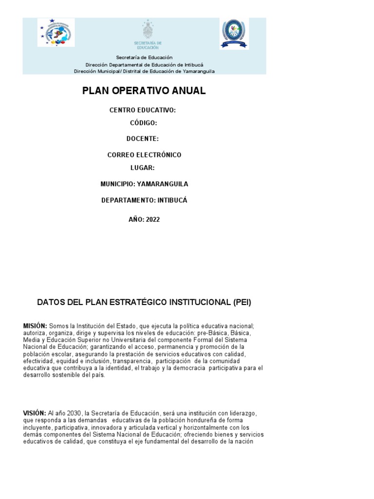Plan Operativo Anual Educativo 2022 | PDF | Plan de estudios | Maestros