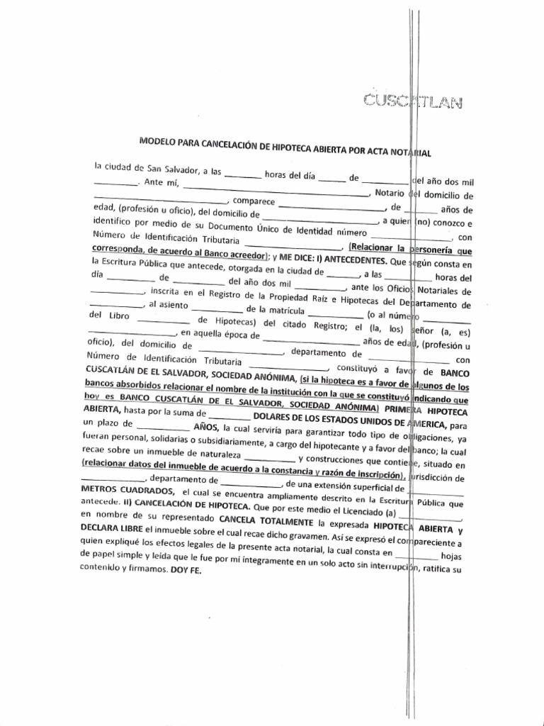 Modelos para cancelaci n de hipoteca banco cuscatl n pdf derecho