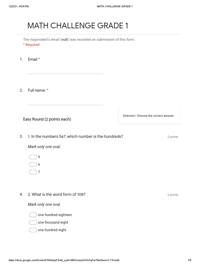 Grade 1 Math Challenge Quiz | PDF