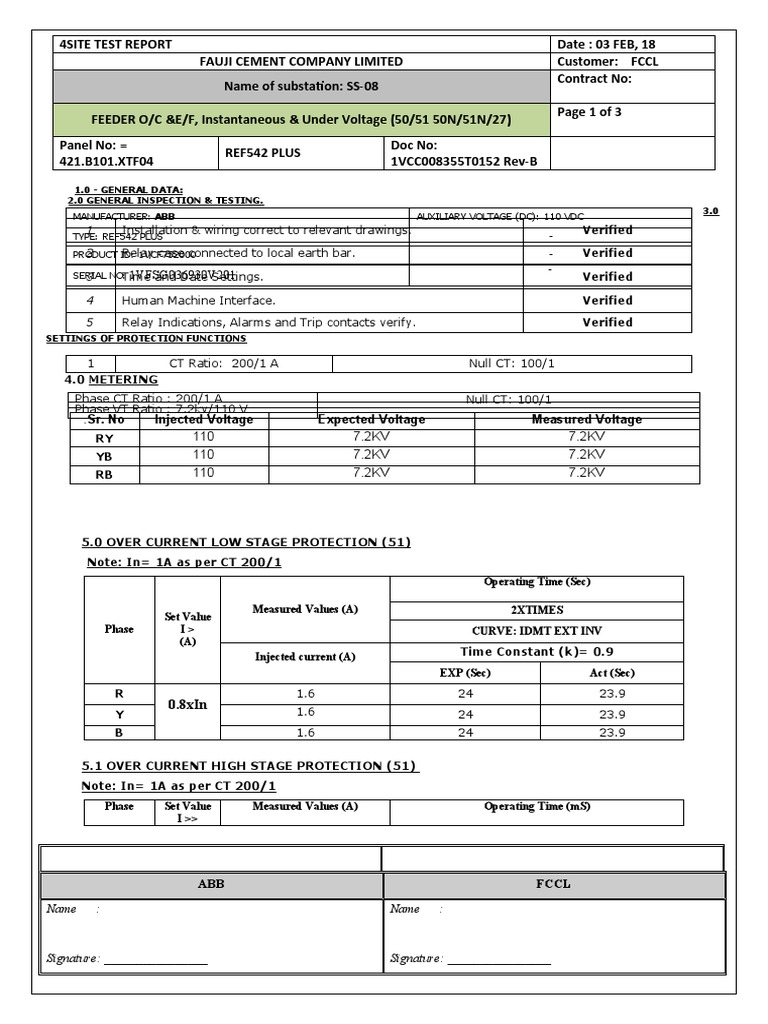 4Site Test Report for FCCL Substation | PDF | Electrical Substation | Relay